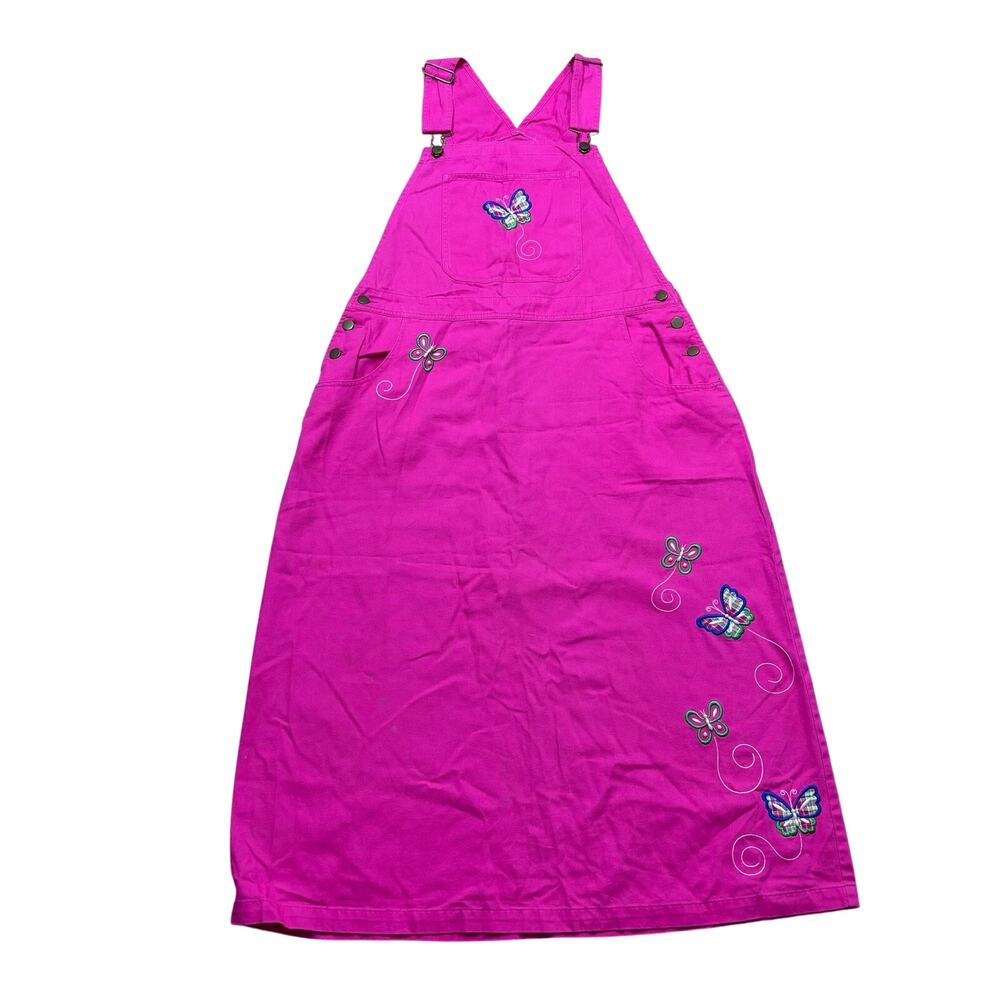 Vintage 90s Y2K Mandal Bay Pink Overall Dress, Embroidered Butterfly, Size XL